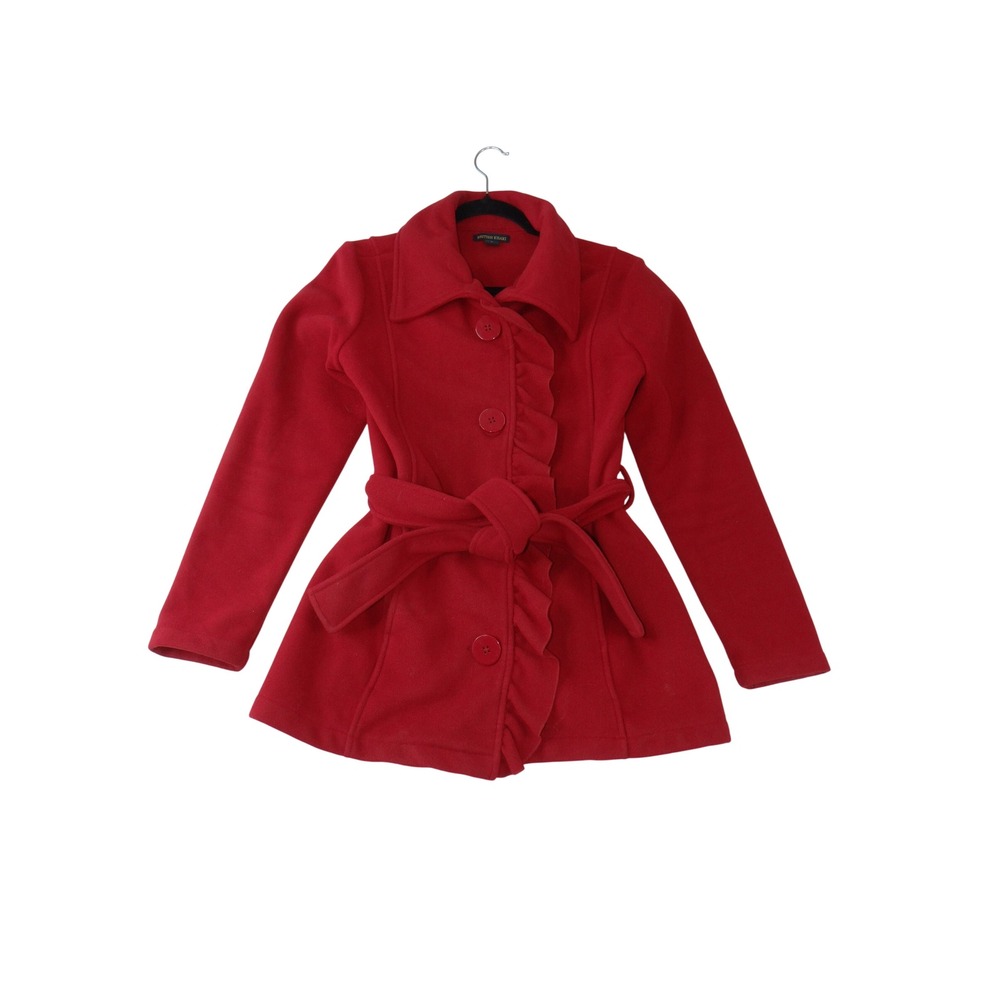 British Khaki Red Fleece Ruffle Trim Double Breasted Belted Jacket Small